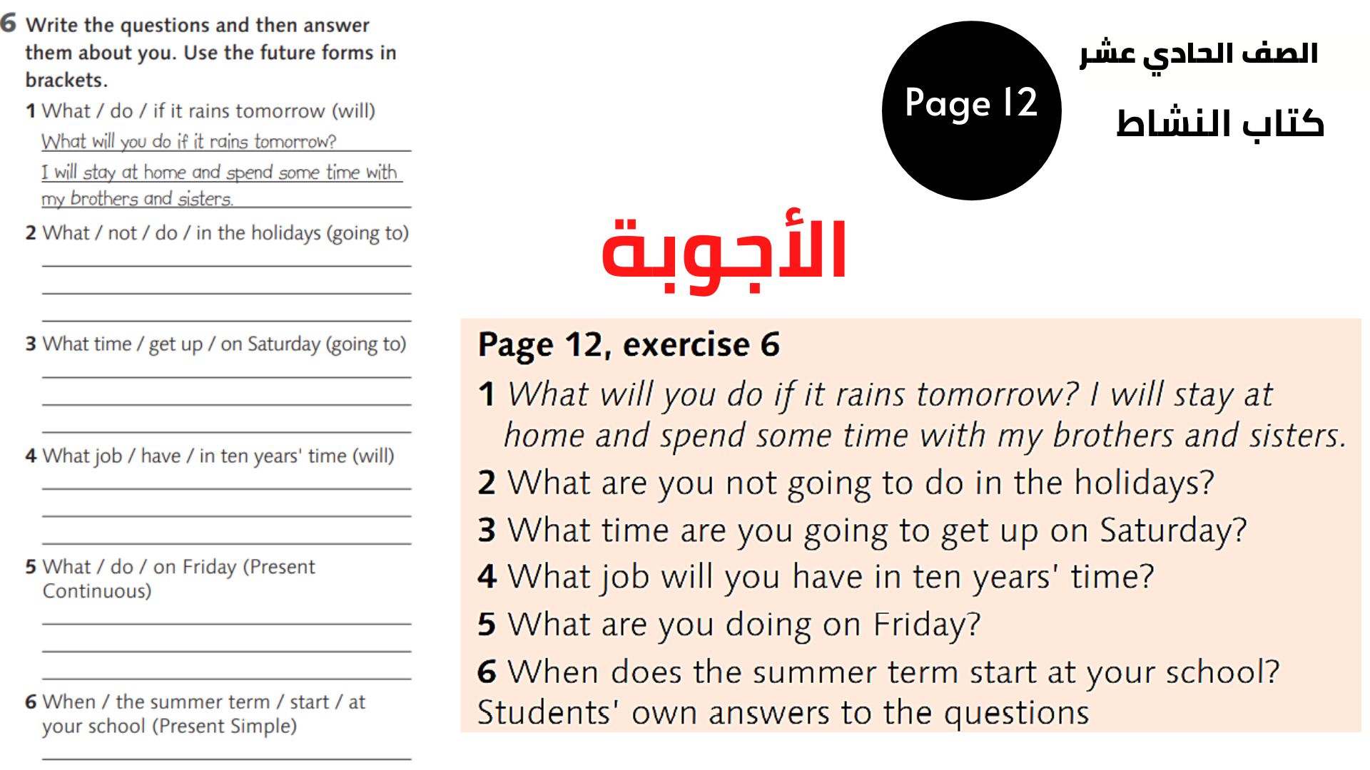 الصفحة 12 ، التمرين 6 الحادي عشر المنهاج الأردني الوحدة الثانية