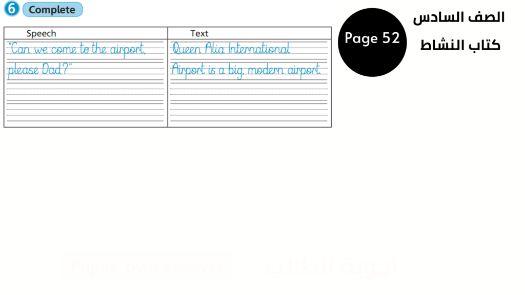 Activity Book, Page 52, Exercise 6
الصف السادس